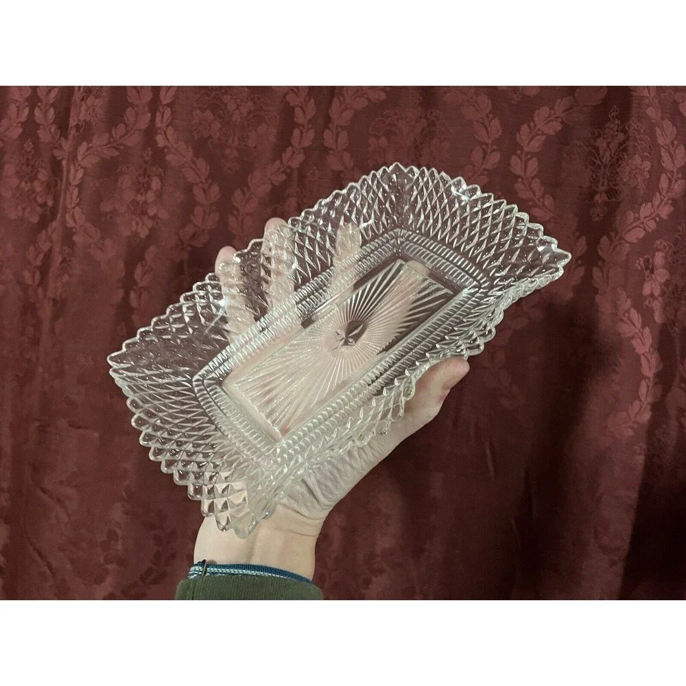 Set of 3 INDIANA GLASS Bowls Square Ruffle Diamond Point Candy Nut Dish Clear